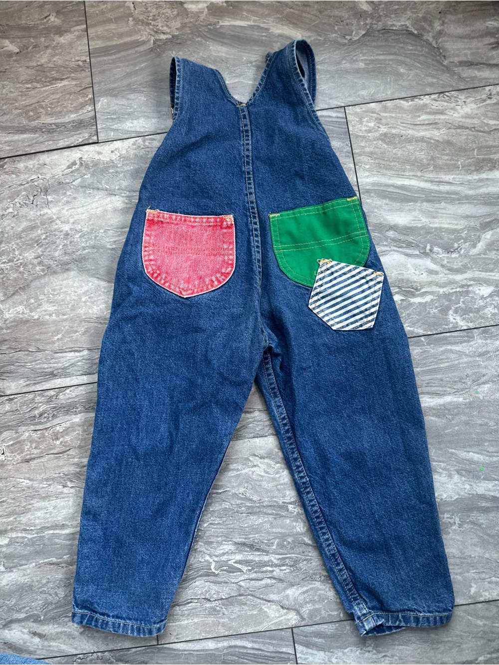 Vintage Kids 3T Denim Overalls Colorblock Patchwork Made USA Gold Hardware 0025 - Picture 4 of 5